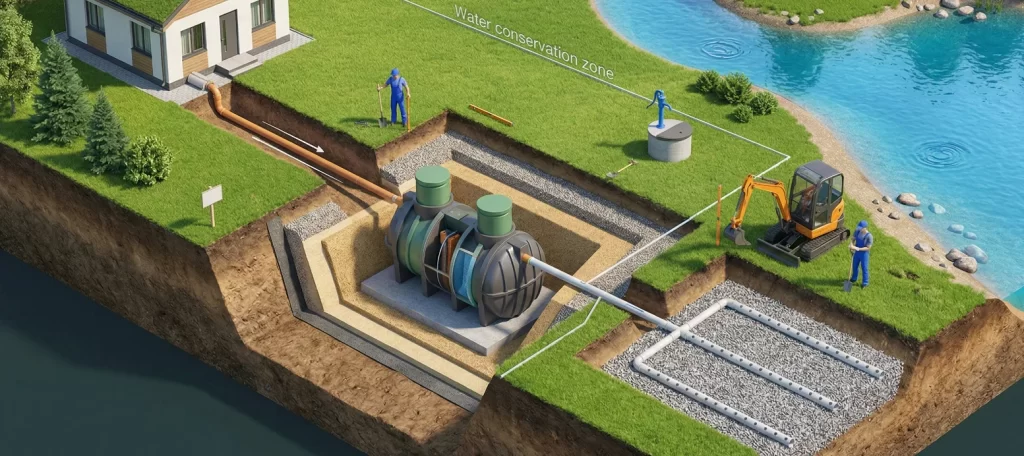 Монтаж септика у рек. ставков и озер