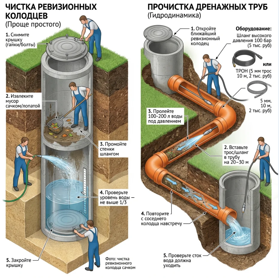 чистка дренажных колодцев и труб