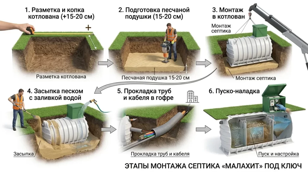 Этапы монтажа автономной канализации Малахит