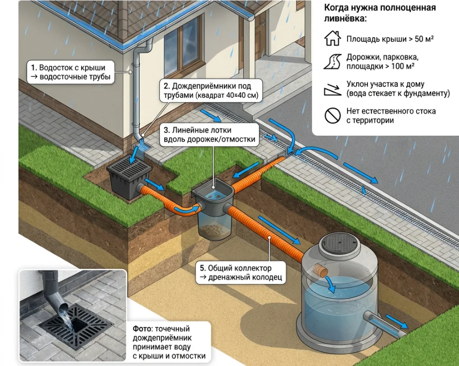 Ливневка на участве своими руками. Сбор воды с крыши.