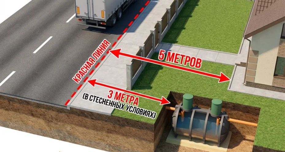 Нормы установки септика от дороги (красные линии)