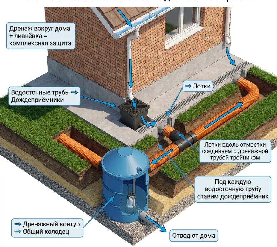 Присоединение ливневки к дренажной системе