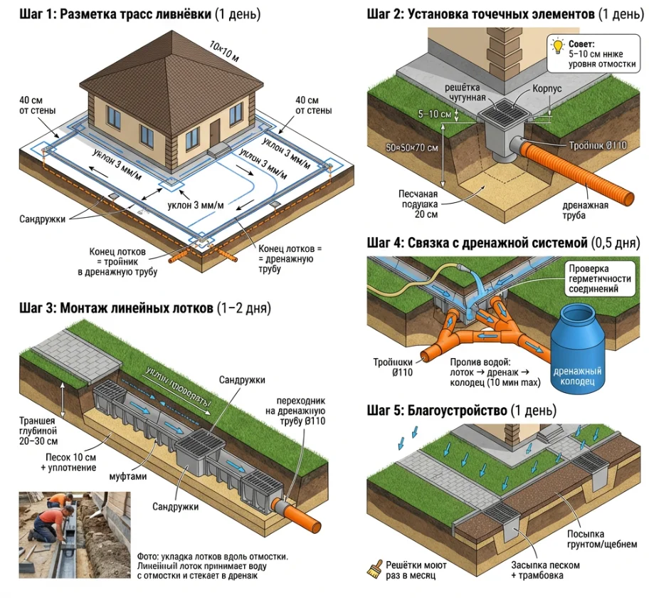 Пошаговое устройство ливневки с превязкой к дренажной системе