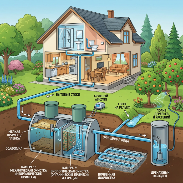 Схема работы автономной канализации
