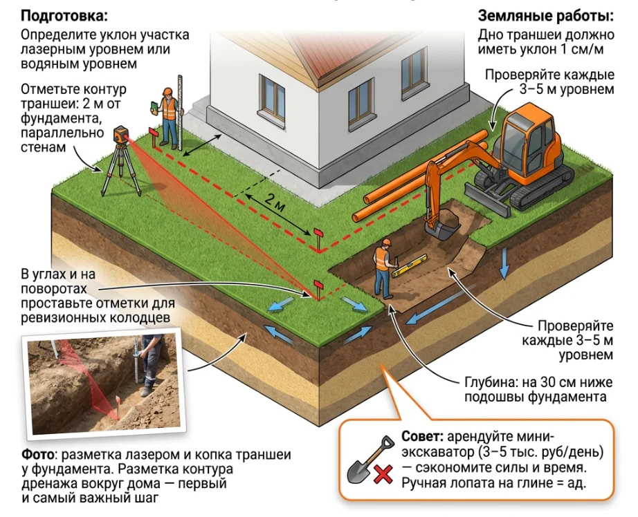 Разметка и рытье траншеи под дренаж вокруг дома
