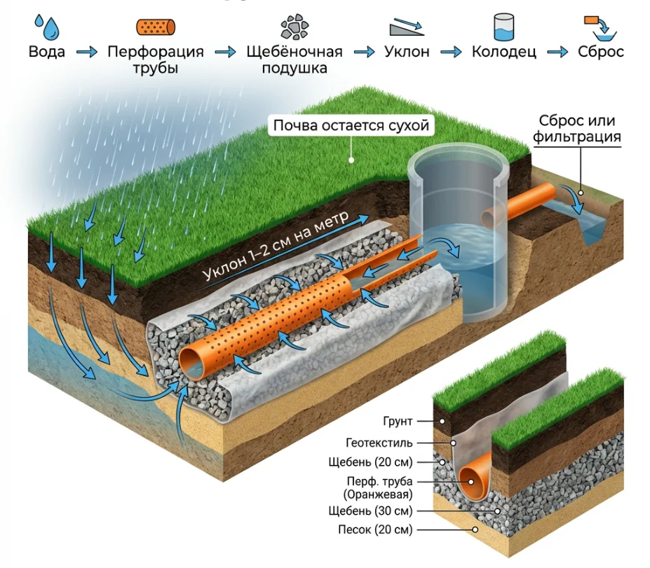 Схема - как работает дренаж на участке