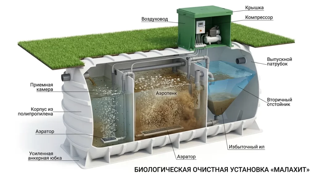 схема установки и работы септика малахит