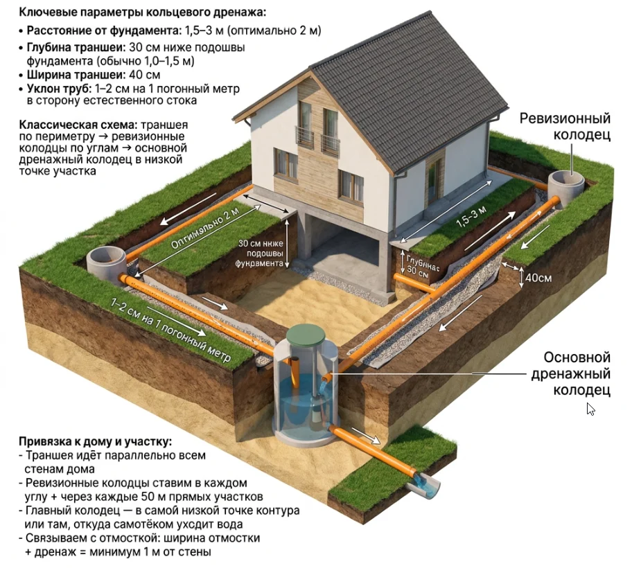 схема кольцевого дренажа вокруг дома