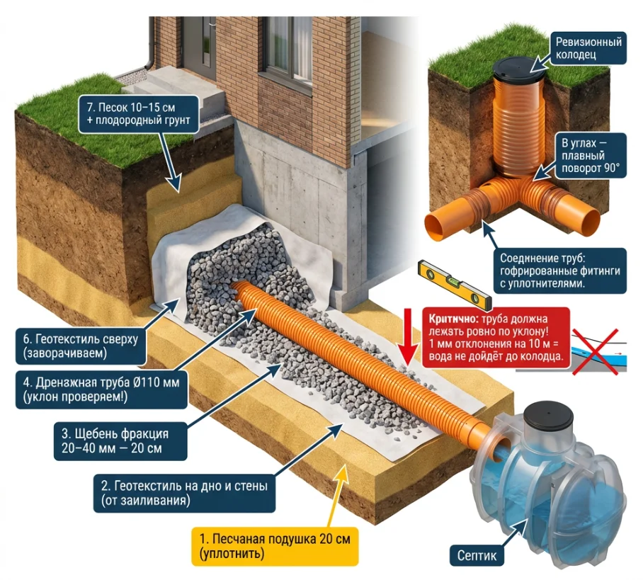Укладка дренажной трубы с геотекстилем