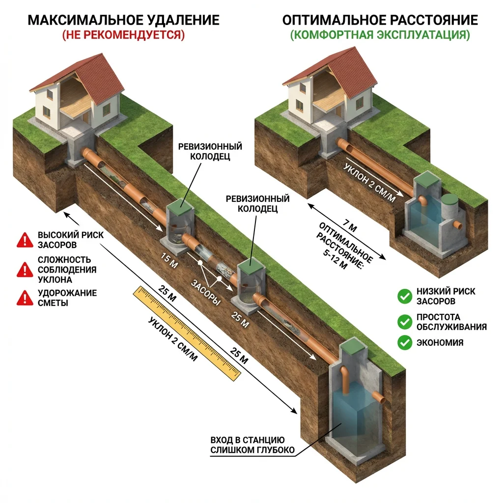 уклоны канализации при различном удалении от дома