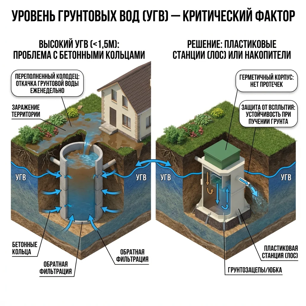 монтаж септка при высоком уровне грунтовых вод