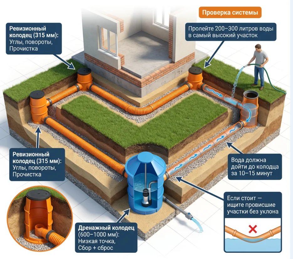 Установка дренажных (ревизионных) колодцев вокруг дома и проверка уклонов